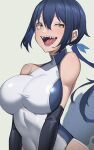  1girl :d bare_shoulders blue_hair breasts hair_between_eyes highres large_breasts long_hair looking_at_viewer low_ponytail open_mouth original sharp_teeth sidelocks skin_tight smile solo swimsuit teeth tongue uneven_eyes vuxer yellow_eyes 