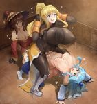  3girls anal aqua_(konosuba) armored_boots bandaged_leg bandages black_bodysuit black_gloves blonde_hair blue_hair bodysuit boots breasts brown_hair brown_headwear collarbone covered_navel darkness_(konosuba) detached_sleeves dress fingerless_gloves futa_with_female futanari gloves hair_ornament hair_scrunchie hat heart highres huge_breasts huge_nipples huge_testicles indoors kono_subarashii_sekai_ni_shukufuku_wo! large_breasts long_hair megumin multiple_girls navel no_shoes ponytail red_dress scrunchie sex sinensian small_breasts testicles tile_floor tiles torn_bodysuit torn_clothes vaginal witch_hat 