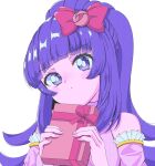  1990s_(style) 1girl absurdres blunt_bangs blush blush_stickers bow box detached_sleeves gift gift_box hair_bow hair_ornament hanazono_shuuka happy_valentine head_tilt high_ponytail highres holding holding_box holding_gift idol_land_pripara idol_time_pripara long_hair looking_at_viewer milon_cas pink_bow pink_shirt pink_sleeves ponytail pretty_(series) pripara puckered_lips purple_eyes purple_hair red_bow retro_artstyle shirt solo upper_body valentine white_background 