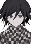  1boy absurdres black_eyes black_hair checkered_clothes checkered_scarf closed_mouth danganronpa_(series) danganronpa_v3:_killing_harmony flipped_hair hair_between_eyes highres looking_at_viewer male_focus oma_kokichi portrait scarf simple_background smile solo wa_noko white_background 