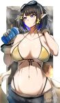  1girl alternate_costume arknights belt_pouch bikini bikini_top_only black_hair blue_eyes breasts cowboy_shot drink eunectes_(arknights) gin_moku gloves goggles goggles_on_head highleg highleg_bikini highres holding holding_drink huge_breasts looking_away navel parted_lips pointy_ears pouch short_hair solo stomach sweatdrop swimsuit yellow_bikini 