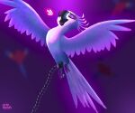  avian beak bird blue_macaw blue_sky_studios chain chained feathers female flying hi_res jewel_(rio) open_beak open_mouth rio_(series) singing solo starmoisas tail_feathers 