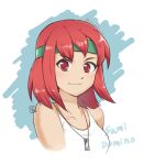  1girl advance_wars bob_cut breasts character_name closed_mouth commentary_request dog_tags green_headband headband red_eyes red_hair sami_(advance_wars) shirawaki short_hair smile solo sports_bra tank_top white_background white_sports_bra 