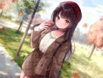  1girl aran_sweater autumn_leaves bag beret black_hair blurry blurry_background brown_eyes brown_jacket brown_skirt cable_knit closed_mouth collarbone commentary_request day depth_of_field dutch_angle handbag hat jacket leaf long_hair long_sleeves looking_at_viewer maple_leaf nemuri_nemu open_clothes open_jacket original outdoors plaid plaid_jacket plaid_skirt puffy_long_sleeves puffy_sleeves red_headwear shoulder_bag skirt smile solo sweater tree very_long_hair white_sweater 