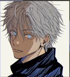  1boy blue_eyes closed_mouth commentary_request eyes_visible_through_hair gojou_satoru grey_hair high_collar highres jujutsu_kaisen looking_at_viewer male_focus namida_a2 portrait short_hair solo 