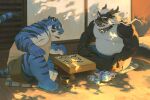  2023 absurd_res anthro blue_body bottomwear clothing detailed_background dragon duo felid go_(game) hi_res humanoid_hands huynhduyad14 kemono male mammal outside overweight overweight_male pantherine shirt shorts sitting tiger topwear 