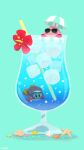  blue_background blush_stickers cup drinking_straw flower goggles highres ice ice_cube in_container in_cup kirby kirby_(series) lifebuoy no_humans nody_(nody_lowmoo) red_flower seashell shell simple_background smile solid_oval_eyes starfish sunglasses umbrella waddle_dee 