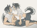  1boy 1girl animal_ear_fluff animal_ears barefoot black_hair blue_eyes breasts clothes_lift crop_top dog_boy dog_ears dog_girl dog_tail english_commentary flat_color genderswap grey_hair grey_pants grey_shorts high_collar highres keel_(tate_no_yuusha_no_nariagari) kneeling linea_alba looking_at_another lying medium_breasts midriff multicolored_hair navel open_mouth pants selfcest shirt shirt_lift short_sleeves shorts signature simple_background streaked_hair tail tate_no_yuusha_no_nariagari temerohimitaki toned turtleneck two-tone_hair white_background white_shirt 