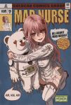  1girl absurdres comic_cover dress english_text gold_can highres leg_up long_hair looking_at_viewer object_hug open_mouth original pink_eyes pink_hair short_dress solo speech_bubble spikes stuffed_animal stuffed_toy sweat teddy_bear thighhighs white_dress white_thighhighs 