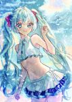  1girl aqua_eyes aqua_hair arm_up bare_shoulders beach bikini blue_sky blurry blurry_background blush bow breasts cloud cloudy_sky collared_bikini crop_top curled_fingers day dot_nose frilled_bikini frilled_skirt frilled_tankini frills hair_between_eyes hair_bow hair_ornament hatsune_miku highres light_blush long_hair looking_at_viewer natukisigure navel necktie ocean outdoors shine sidelocks skirt sky small_breasts smile solo swimsuit tank_top tankini thick_eyelashes twintails very_long_hair vocaloid water water_drop 
