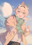  1girl aqua_eyes blonde_hair blush cardigan coat commentary cowboy_shot crossed_bangs dot_nose green_scarf hair_ornament hana_mori highres hololive kazama_iroha leaf_hair_ornament looking_at_viewer open_clothes open_coat open_mouth outdoors scarf snowball snowball_fight solo symbol-only_commentary teeth throwing upper_teeth_only virtual_youtuber white_cardigan winter winter_clothes winter_coat 