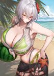  1girl absurdres alicia_renato_(yashiro_sousaku) bare_arms bare_shoulders beach bikini bikini_under_clothes black_skirt black_thighhighs blush borrowed_character breasts cleavage collarbone commentary_request commission day flower food fruit green_bikini grey_hair hair_between_eyes hair_flower hair_ornament heterochromia highres holding huge_breasts looking_down making-of_available marse_(rokudaime) navel ocean original outdoors parted_lips red_eyes short_hair skirt solo starfish swimsuit thighhighs underboob water watermelon yellow_eyes 