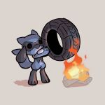  1:1 3_fingers 3_toes advos ambiguous_gender anthro black_body black_fur black_nose blue_body blue_fur campfire digital_media_(artwork) feet fingers fire fur generation_4_pokemon mammal nintendo pokemon pokemon_(species) riolu simple_background solo standing tail tire toes 