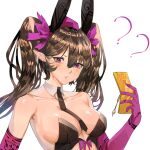  1girl animal_ears black_thighhighs breasts brown_hair cellphone cleavage closed_mouth commentary commission ear_piercing english_commentary hat highres himekaidou_hatate holding holding_phone large_breasts leotard long_hair looking_at_viewer phone piercing playboy_bunny pointy_ears purple_eyes purple_headwear rabbit_ears simple_background solo thighhighs tokin_hat tomatolover16 touhou twintails white_background 