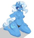  absurd_res anthro areola blue_areola blue_body blue_hair blue_tail blush breasts clothed clothing cutie_mark equid equine eyebrows eyelashes female fingers flutterthrash friendship_is_magic hair half-closed_eyes hand_on_leg hand_on_own_leg hand_on_own_thigh hand_on_thigh hasbro hi_res horn inverted_nipples kneeling long_hair mammal my_little_pony narrowed_eyes nipples panties purple_eyes solo tail topless trixie_(mlp) underwear unicorn unicorn_horn 