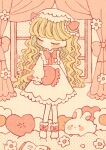  1girl blonde_hair blush bow bow_legwear bowtie closed_eyes curtains dress flower food-themed_hair_ornament full_body hair_ornament highres holding holding_pillow irozaki_ihachi limited_palette long_hair long_sleeves original pillow rabbit red_bow red_bowtie socks solo standing strawberry_hair_ornament wavy_hair white_dress white_flower white_headwear white_socks window 