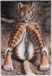  anthro black_body black_fur ears_up felid feline female fur genitals hi_res looking_at_viewer mammal no-dialogue orange_body orange_fur pantherine presenting presenting_pussy pussy sitting smile solo spread_legs spreading striped_body striped_fur stripes syntech tiger white_body white_fur 