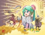  1girl animal animal_on_finger anniversary aqua_eyes aqua_hair aqua_nails asa_no_ha_(pattern) barefoot bird blue_scarf boar bull chicken chinese_zodiac cloud commentary dog dragon earrings flower flying hair_flower hair_ornament hatsune_miku highres holding holding_staff hoop_earrings horns horse jewelry lolita_majin lotus mikudayoo monkey mouse nail_polish open_mouth outstretched_arm pink_flower rabbit rabbit_yukine robe rooster scarf seal_impression shakujou sheep sheep_horns smile snake staff sunburst teeth tiger toenail_polish toenails translated tusks twintails upper_teeth_only variant_set vocaloid white_robe 