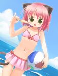  1girl :d animal_ears ball bangs beach beachball bikini bikini_skirt blue_sky blush bow cat_ears cat_girl cat_tail cloud commentary_request cowboy_shot day dutch_angle emurin flat_chest food green_eyes happy holding holding_ball holding_beachball horizon looking_at_viewer midriff navel ocean open_mouth original outdoors pink_bikini pink_bow pink_hair pinky_out popsicle short_hair sky smile solo swimsuit tail thigh_gap water 