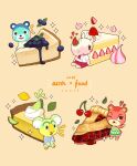  1boy 3girls :d :o absurdres animal_crossing ascot bear_girl black_eyes blue_pajamas blue_shirt bluebear_(animal_crossing) blueberry blush blush_stickers brown_background buttons cake cake_slice cheesecake cheri_(animal_crossing) cherry cherry_pie closed_mouth collared_shirt commentary_request dress eyelashes food fruit furry furry_female furry_male green_dress heart highres icing jacket leaf lemon lime_(fruit) lime_slice lyman_(animal_crossing) merengue_(animal_crossing) multicolored_clothes multicolored_dress multiple_girls notice_lines one_eye_closed open_mouth pajamas pie pie_slice red_ascot red_skirt ribbed_sweater sharkbooi shirt simple_background sitting skirt sleeveless sleeveless_dress smile solid_oval_eyes sparkle strawberry strawberry_shortcake striped striped_pajamas striped_shirt sweater vertical-striped_pajamas vertical-striped_shirt vertical_stripes white_jacket white_pajamas white_shirt white_sweater 