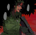  1boy @_@ alternate_costume army bad_gun_anatomy black_background black_hair cigarette coat combat_helmet commentary_request crying crying_with_eyes_open gloom_(expression) gloves green_coat green_gloves green_headwear green_pants gun helmet highres holding holding_gun holding_weapon inudori itou_kaiji kaiji long_hair looking_afar male_focus medium_bangs military open_mouth pants pouch profile red_background red_sky rifle sky smoking soldier solo tears teeth translated tree upper_body war weapon 