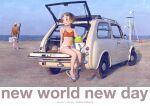  1boy 1girl artist_name bare_shoulders beach bikini bikini_top_only brown_eyes brown_hair car car_trunk collarbone day english_text flat_chest from_behind grey_footwear hat holding lifeguard_tower looking_to_the_side midriff motor_vehicle murata_range navel nissan_pao ocean open_mouth orange_shirt original outdoors red_bikini sandals scrunchie shirt short_hair short_shorts shorts sitting smile solo_focus standing sun_hat swimsuit t-shirt white_shorts wide_shot wrist_scrunchie 
