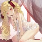  1girl bare_legs blonde_hair blush breasts cleavage collarbone dot_nose drill_hair hair_ribbon highres indoors long_hair looking_at_viewer nightgown original peragura red_eyes red_nails ribbon small_breasts twintails vampire very_long_hair 