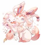  absurdres blue_eyes bow bowtie closed_mouth fangs flower full_body highres holding hug leaf no_humans one_eye_closed open_mouth pink_bow pink_flower pink_fur pokemon pokemon_(creature) simple_background smile su_(sajo_su5) swirlix sylveon white_background 