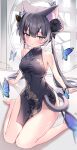  1girl absurdres animal animal_ears ass barefoot black_dress black_hair blue_archive blush breasts bug butterfly butterfly_hair_ornament cat_ears cat_tail china_dress chinese_clothes closed_mouth double_bun dragon_print dress ears_visible_through_hair extra_ears grey_eyes groin hair_bun hair_ornament highres kisaki_(blue_archive) lattice long_hair nyaruin sitting small_breasts solo tail thighs twintails wariza 