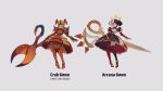  1girl armor black_dress black_hair black_sclera black_thighhighs blonde_hair blue_eyes blunt_bangs brown_thighhighs colored_sclera crab_costume dress elbow_gloves english_text gem gloves grey_dress grey_hair gwen_(league_of_legends) heterochromia highres layered_dress league_of_legends multiple_views nebura_(neburaart) oversized_object pantyhose puffy_short_sleeves puffy_sleeves red_dress red_eyes red_gloves red_pantyhose scissors short_hair short_sleeves simple_background single_leg_pantyhose single_thighhigh smile thighhighs white_background 