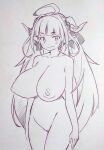  1girl ahoge blunt_bangs blush breasts closed_mouth commentary_request completely_nude dragon_girl dragon_horns highres hololive horns kiryu_coco large_breasts long_hair looking_at_viewer monochrome nipples nude pointy_ears smile solo standing traditional_media tsukareta_san virtual_youtuber 