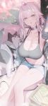  1girl absurdres ahoge bare_legs bare_shoulders black_choker blue_eyes breasts cherry_blossoms choker chyan cleavage crop_top crossed_bangs dog grey_hair hair_between_eyes highres huge_breasts large_breasts long_hair looking_at_viewer midriff open_mouth original pointy_ears ponytail short_shorts shorts silvi_(chyan) sitting solo tank_top 