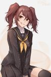  1girl ascot brown_eyes brown_hair eondriver highres houndstooth kujikawa_rise looking_at_viewer persona persona_4 school_uniform skirt smile twintails yasogami_school_uniform yellow_ascot zettai_ryouiki 