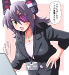  alternate_color black_jacket black_skirt breasts cleavage commentary_request cowboy_shot eyepatch headgear id_card jacket kantai_collection large_breasts leaning_forward medium_hair office_lady open_mouth pencil_skirt purple_hair shin_(shin_k009) skirt skirt_suit suit suit_jacket tenryuu_(kancolle) translation_request yellow_eyes 