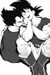  2boys ass back-to-back bara biceps blush couple dragon_ball dragon_ball_z elbow_rest glaring greyscale head_tilt leaning_on_person looking_at_viewer male_focus monochrome multiple_boys muscular muscular_male raised_eyebrows receding_hairline shoes short_hair sideburns sitting son_goku spiked_hair supobi thick_eyebrows v-shaped_eyebrows vegeta yaoi 