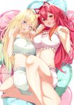  2girls :d absurdres aizawa_ema animal_ears blonde_hair blue_bra blue_eyes blue_hair blue_shorts blush bra breasts cat_ears cleavage clothing_cutout fang fish_bone frilled_bra frills gradient_hair hair_between_eyes heart heart_cutout heart_pillow highres kairi_(miry666) large_breasts long_hair lying multicolored_hair multiple_girls nekota_tsuna on_back orange_eyes paw_pose pillow pink_bra pink_shorts red_hair shorts smile underwear very_long_hair vspo! 