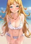  1girl absurdres b1ack_illust beach bikini blurry blurry_background blush breasts cleavage collarbone frilled_bikini frills hands_on_own_thighs highres idolmaster idolmaster_million_live! large_breasts long_hair looking_at_viewer messy_hair navel orange_hair outdoors shinomiya_karen solo swimsuit very_long_hair white_bikini 