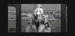  1girl black_border border breath closed_mouth dog_tags english_text expressionless film_grain greyscale haguruma_c hands_in_pockets highres knit_hat long_sleeves monochrome original russian_text solo upper_body viveka_(haguruma_c) 