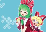 3girls :d =_= ^_^ absurdres black_shirt blonde_hair blue_background blue_eyes bow closed_eyes commentary_request crying doll dress fairy_wings frilled_ribbon frilled_shirt frilled_shirt_collar frills front_ponytail green_hair hair_bow hair_ribbon highres kagiyama_hina kanisawa_yuuki medicine_melancholy multiple_girls no_mouth open_mouth red_bow red_dress red_ribbon red_skirt ribbon shirt short_hair short_sleeves simple_background skirt smile su-san tears touhou wings 