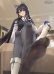  1girl animal_ears arknights black_hair black_pantyhose black_vest blue_gloves blue_necktie blurry blurry_background blush bm_(bm364364) boots collared_shirt crossed_bangs crossed_legs eyelashes feet fingerless_gloves foot_focus foreshortening gloves grey_eyes hair_between_eyes hand_up highres holding holding_boots holding_clothes holding_footwear indoors jacket jacket_on_shoulders long_sleeves looking_at_viewer mouth_hold necktie no_shoes pantyhose shirt sitting smell soles solo steaming_body texas_(arknights) toes twitter_username vest white_footwear white_shirt 