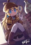  1girl artist_name bike_shorts blonde_hair blue_eyes boots brooch brown_coat brown_footwear brown_headwear coat deerstalker detective_peach earrings gloves hat holding holding_magnifying_glass indoors jewelry long_hair magnifying_glass mario_(series) official_alternate_costume pantyhose princess_peach princess_peach:_showtime! shisui solo sphere_earrings squatting vase watermark white_gloves white_pantyhose 