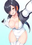  1girl arm_up black_hair blush breasts brown_eyes collarbone elbow_gloves foreshortening gloves groin hair_over_one_eye hand_up head_tilt headphones high_collar highleg highleg_leotard highres kemono_friends king_penguin_(kemono_friends) large_breasts leotard long_bangs long_hair multicolored_hair no_bra orange_hair outstretched_arm parted_bangs parted_lips partially_unzipped sawara_noa smile solo thigh_gap thighhighs very_long_hair zipper zipper_pull_tab 