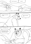  2023 anthro bernielover blush bulge canid canine clothing comic dialogue disney duo english_text fan_character fox gideon_grey hi_res lagomorph leporid lying male mammal overweight overweight_male pillow rabbit text underwear zootopia 
