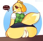  absurd_res animal_crossing anthro anus bell blonde_hair bottomwear brown_eyes butt canid canine canis clitoris clothed clothing domestic_dog female genitals hair hi_res isabelle_(animal_crossing) kevwrite mammal nintendo partially_clothed pussy simple_background skirt solo speech_bubble spread_butt spreading text yellow_body 