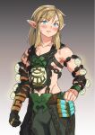  1boy animal_ears arm_tattoo blonde_hair blue_eyes chain clenched_hands commentary_request contrapposto cowboy_shot gauntlets green_pants link male_focus medium_hair monbetsu_kuniharu pants shoulder_tattoo single_gauntlet solo sweatdrop tattoo the_legend_of_zelda the_legend_of_zelda:_tears_of_the_kingdom toned toned_male 