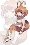  1girl ananna0031 animal_ears bare_shoulders blush boots bow bowtie brown_hair brown_shirt brown_skirt brown_thighhighs dhole_(kemono_friends) dog_ears dog_girl dog_tail full_body gloves highres kemono_friends light_brown_hair looking_at_viewer open_mouth pleated_skirt shirt short_hair sidelocks skirt sleeveless smile solo tail thighhighs two-tone_thighhighs white_bow white_bowtie white_footwear white_gloves white_hair white_shirt white_thighhighs yellow_eyes zettai_ryouiki 