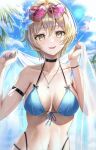  1girl absurdres arm_strap bare_shoulders bikini black_choker blonde_hair blue_bikini blue_nails blue_sky breasts choker collarbone commentary_request day eyewear_on_head front-tie_bikini_top front-tie_top genshin_impact hair_between_eyes heart heart-shaped_eyewear highres jewelry large_breasts looking_at_viewer lumine_(genshin_impact) navel necklace otabaaa outdoors parted_lips pink-tinted_eyewear see-through short_hair sky smile solo stomach sunlight swimsuit teeth tinted_eyewear upper_teeth_only yellow_eyes 