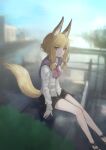  1girl animal_ear_fluff animal_ears black_footwear black_skirt blonde_hair blurry blurry_background brown_eyes day fox_ears fox_girl fox_tail long_sleeves looking_at_viewer nito_(nshtntr) original outdoors shirt shoes short_hair_with_long_locks sitting skirt solo tail white_shirt 