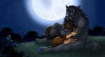  2023 anthro black_body black_fur black_hair blue_nose blue_pawpads brown_body brown_fur canid canine claws cuddling digitigrade domestic_cat duo embrace eyes_closed felid feline felis female full_moon fur gaikotsu gloves_(marking) grass green_eyes hair hand_on_arm hand_on_leg hand_on_thigh hi_res hug light male male/female mammal markings moon moonlight muscular muscular_anthro muscular_male night nude outside pawpads plant romantic romantic_couple serene shrub signature sitting sky smile star tail tail_around_leg tail_around_partner toe_claws were werecanid werecanine werewolf 