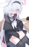  1girl a.r.o.n.a_(blue_archive) arm_between_legs between_legs black_choker black_headband black_jacket black_pantyhose black_serafuku black_skirt blue_archive blush braid chair choker clothes_pull desk dildo grey_hair hair_over_one_eye halo hand_between_legs headband heavy_breathing highres jacket jacket_partially_removed long_hair looking_at_viewer mikozin multicolored_hair neckerchief pantyhose pantyhose_pull pink_hair pink_halo pussy_juice red_pupils school_chair school_desk school_uniform serafuku sex_toy side_braid simple_background single_braid sitting skirt solo straight_hair sweatdrop two-tone_hair very_long_hair white_background white_neckerchief 